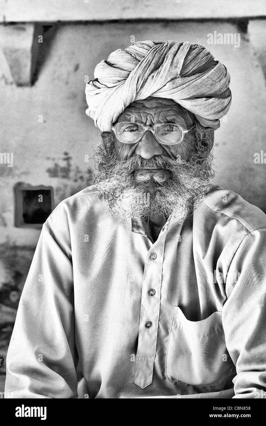 Jodhpur at Fort Mehrangarh in Rajasthan India man guard in doorway of Fort Palace in costume Stock Photo