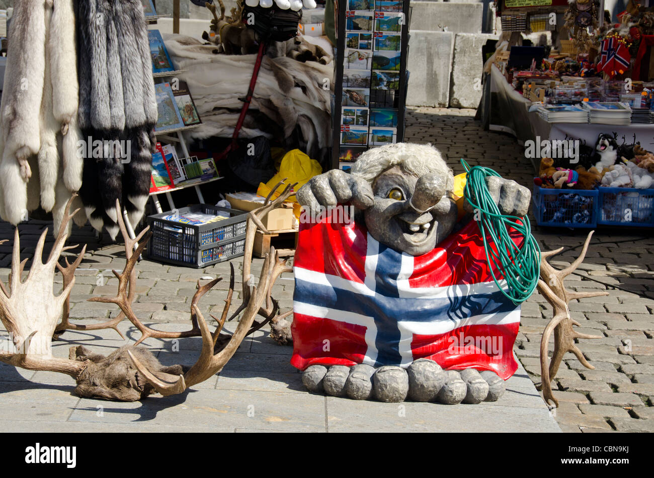 Norway, Bergen. Downtown open air market. Typical Nordic souvenirs including furs and antlers. Stock Photo