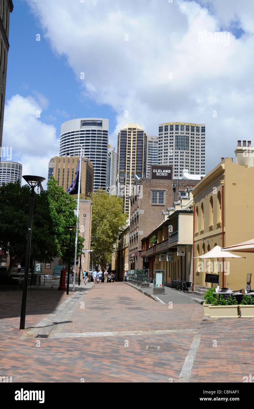 A row of Victorian small shops and eateries with a veranda in George Street in The Rocks, a historic suburb of Sydney in New South Wales, Australia. Stock Photo