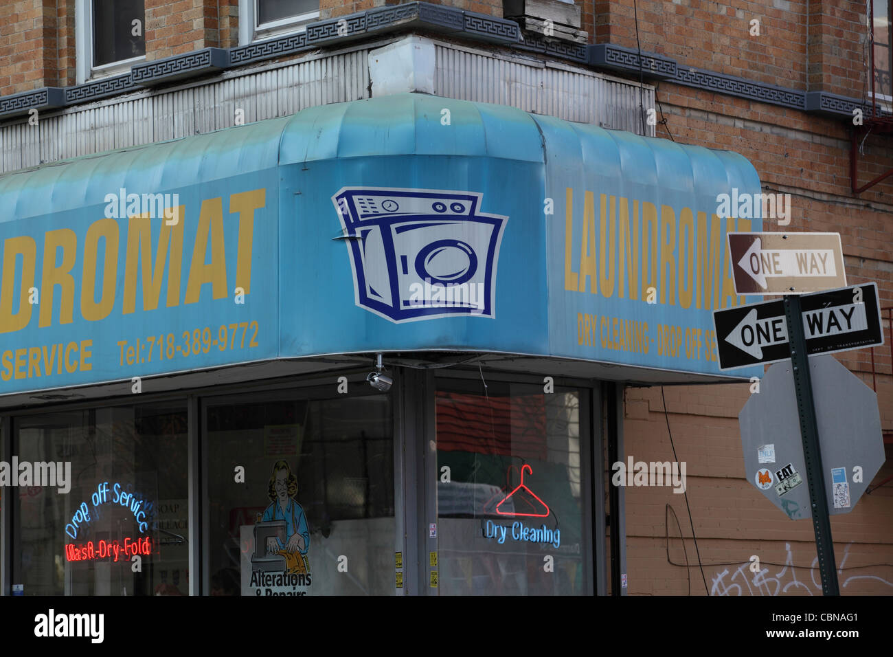 Laundromat sign on front of laundry Williamsburg, Brooklyn, New York City, NYC, USA Stock Photo