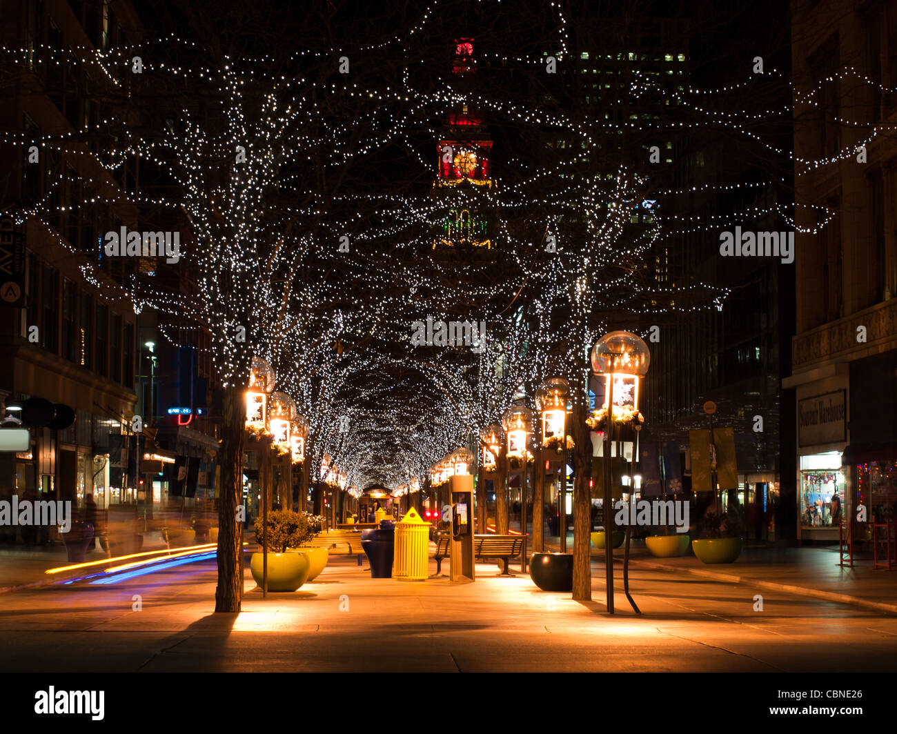 Downtown Denver at Christmas. 16th Street Mall lit up for the holidays