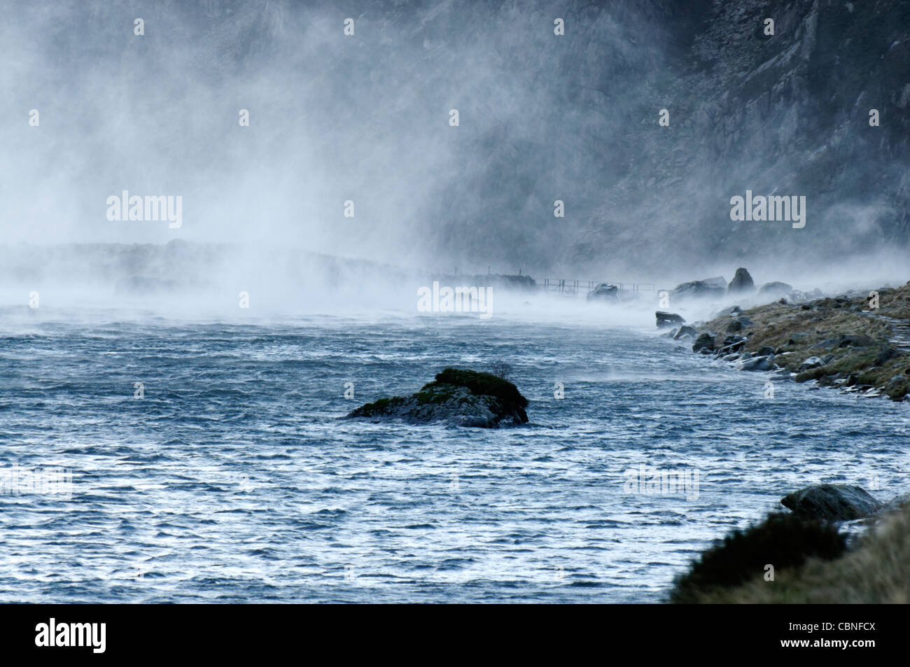 Wild and windy weather in Cwm Idwal Snowdonia Stock Photo