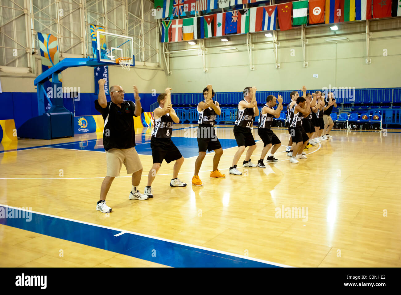 The new zealand team do the haka before the match hires stock