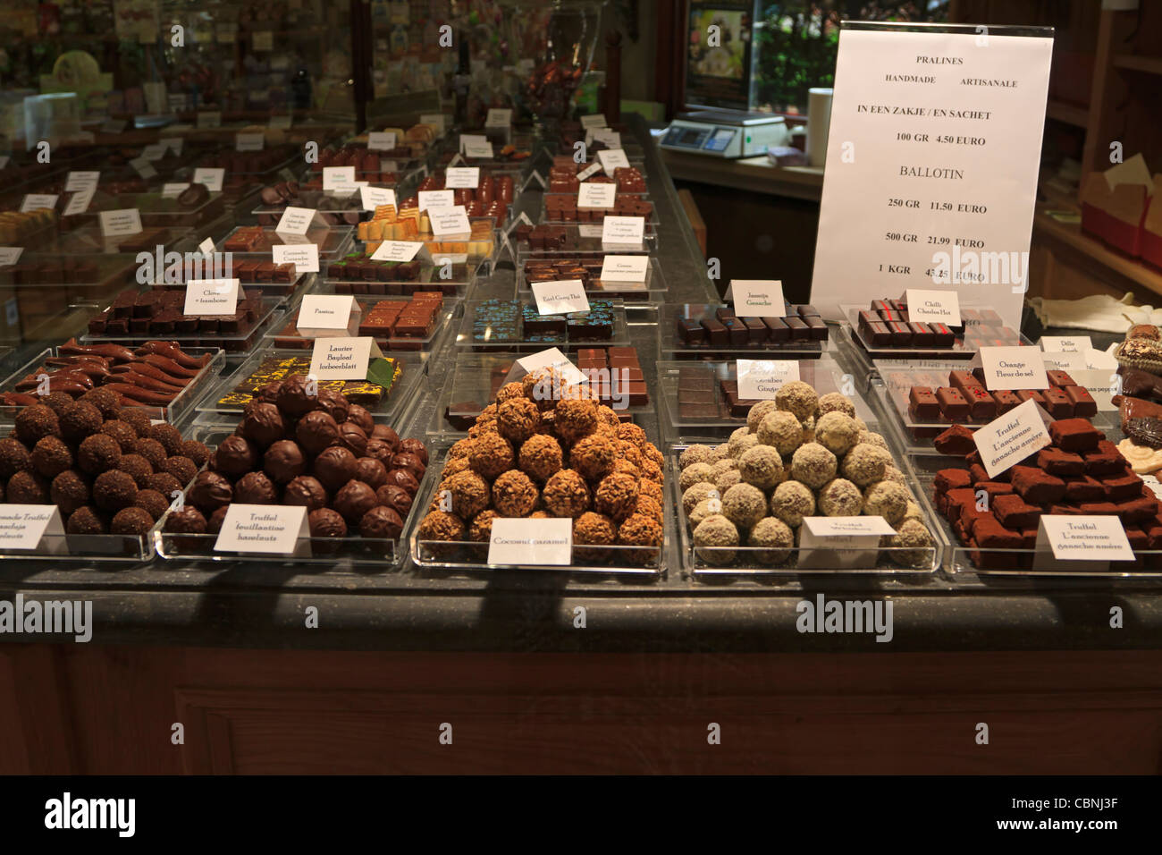 Display of chocolates in a window in Bruges, Belgium. Belgium is famous