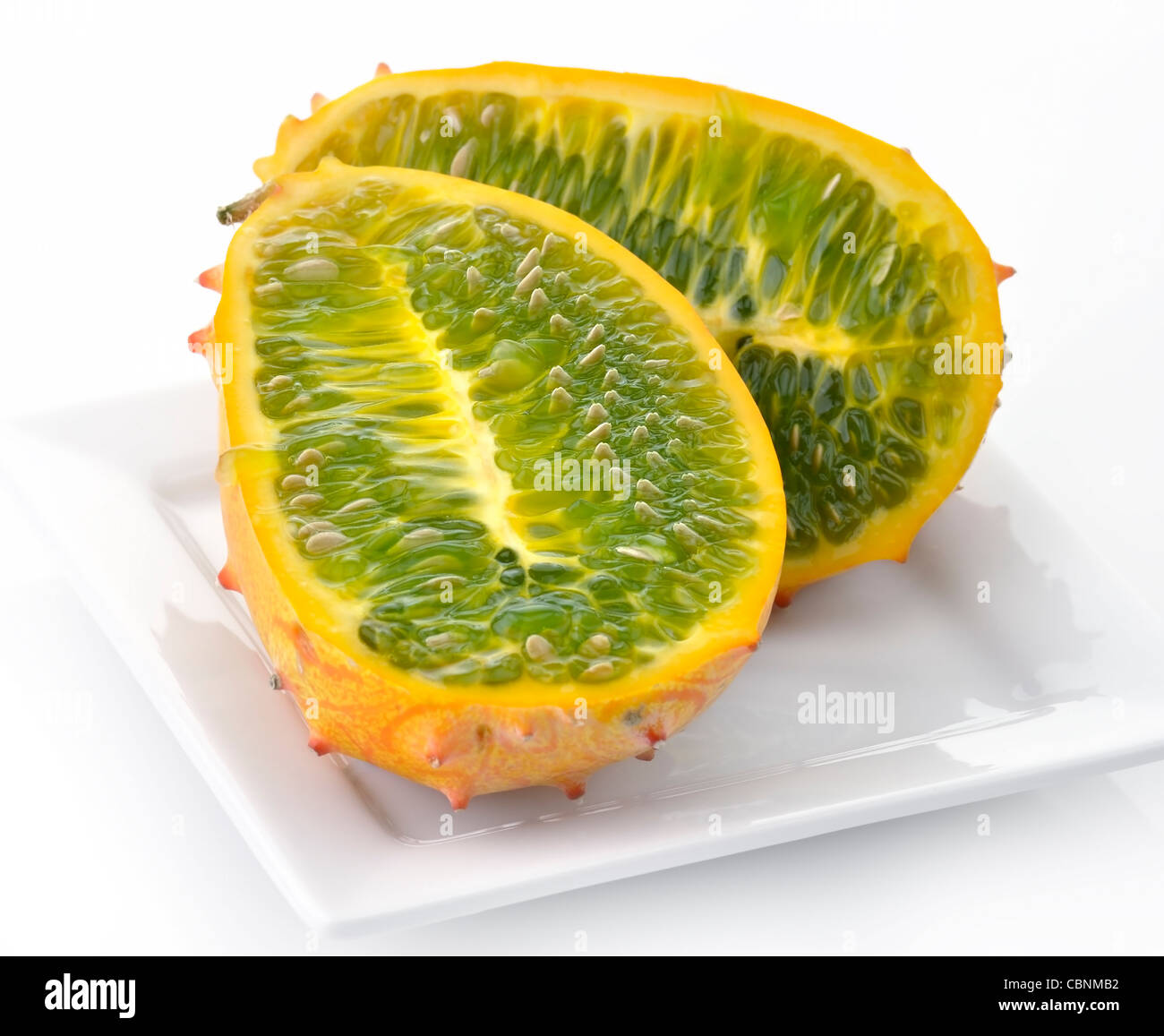 Kiwano Melon Tropical Fruit On A White Plate Stock Photo