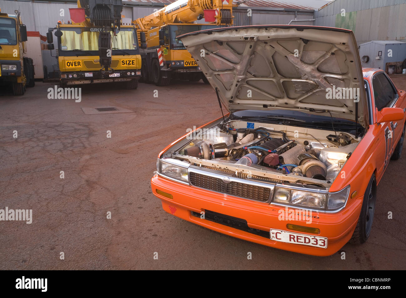 Heavily modified and custom Nissan Laurel motorsport car fitted with twin turbo LS1 V8 Chevrolet engine Stock Photo