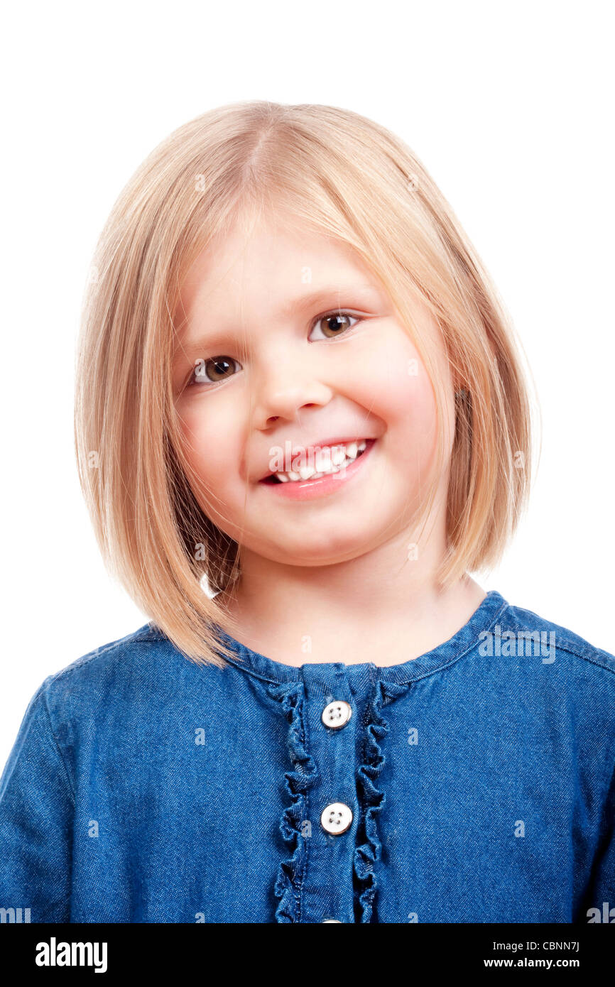 portrait of a happy little girl with blond hair smiling - isolated on ...