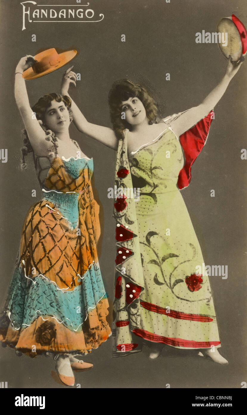 Two Women Fandango Dancers in Theatrical Costumes Stock Photo