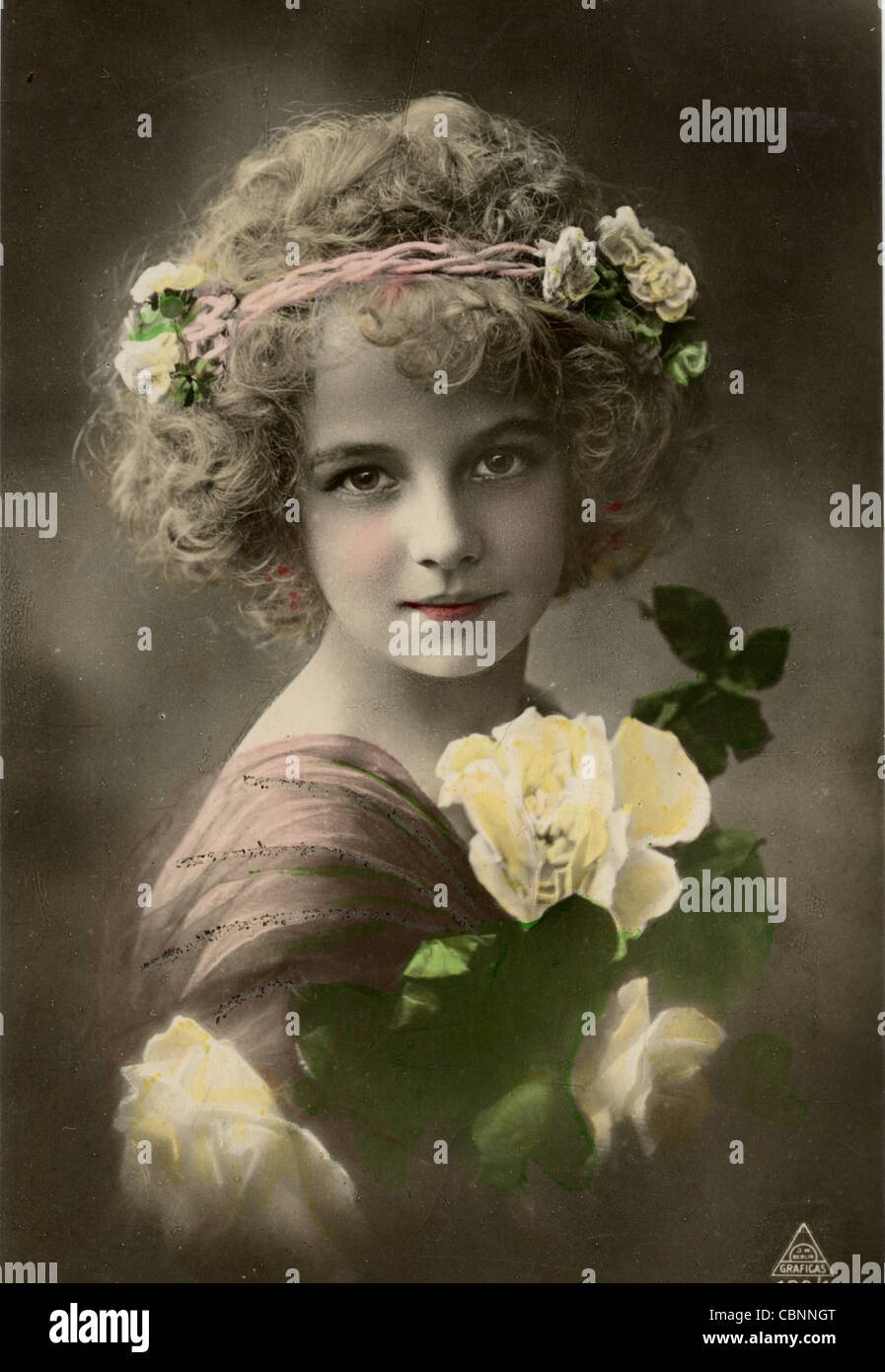 Beautiful Young Girl with Pale Yellow Rose Stock Photo
