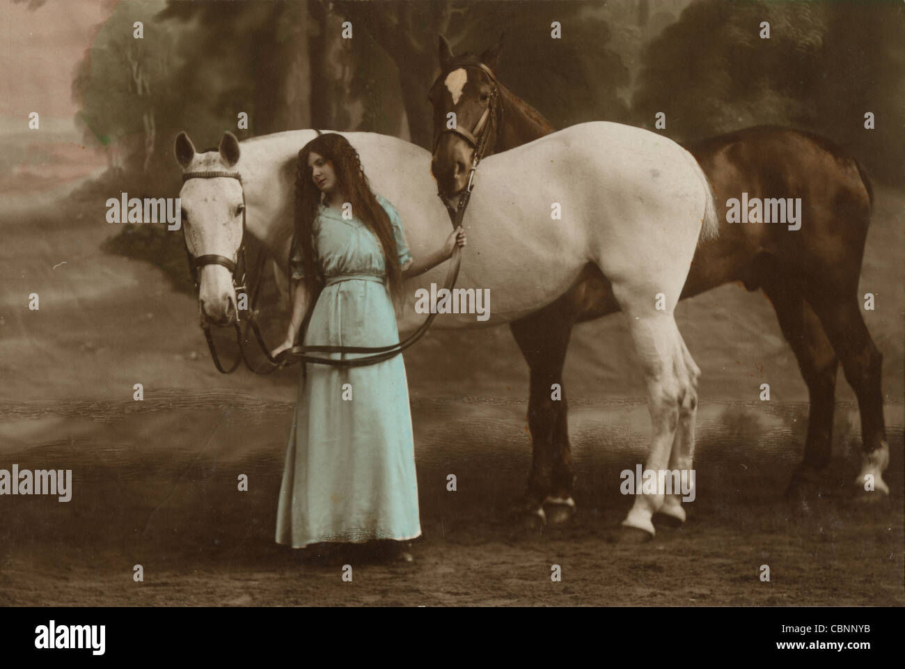 Long Haired Beauty With Two Horses Stock Photo 41660175 Alamy
