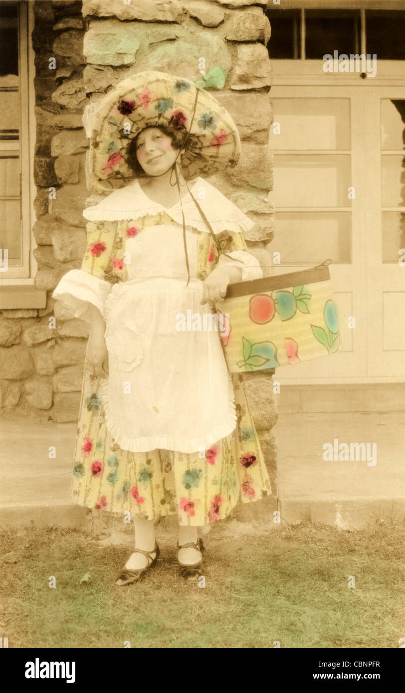 Plain Girl in Dramatic Floral Outfit Stock Photo