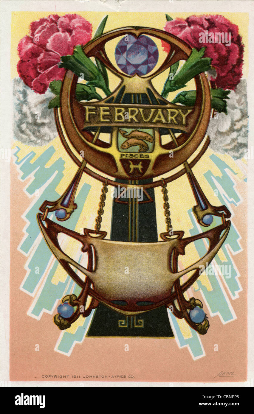 February Pisces Zodiac Art Nouveau Stock Photo