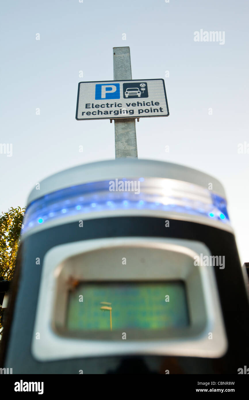 An electric car charging station in a car park near Whitburn, NE, UK. Stock Photo