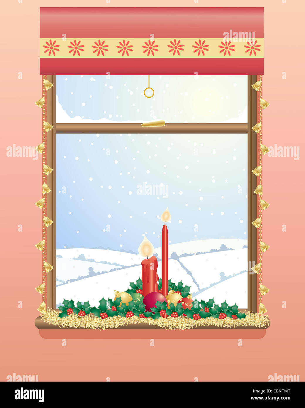 an illustration of a decorated christmas window with candles holly and ...