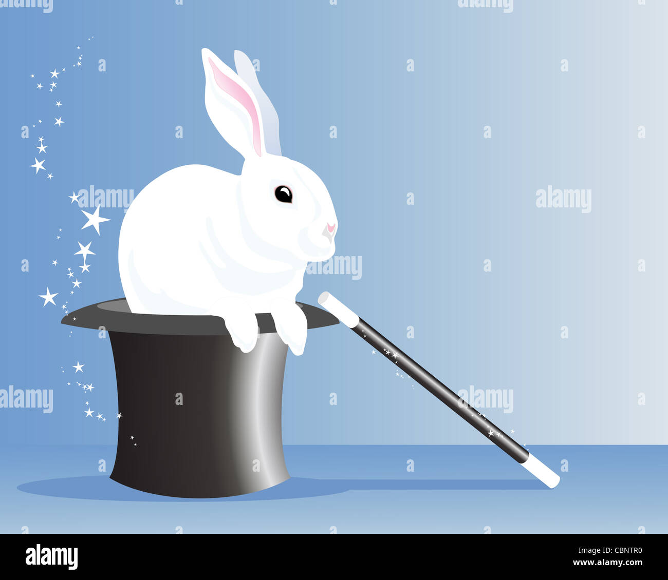 an illustration of a white rabbit appearing from a silky black magicians hat with wand and