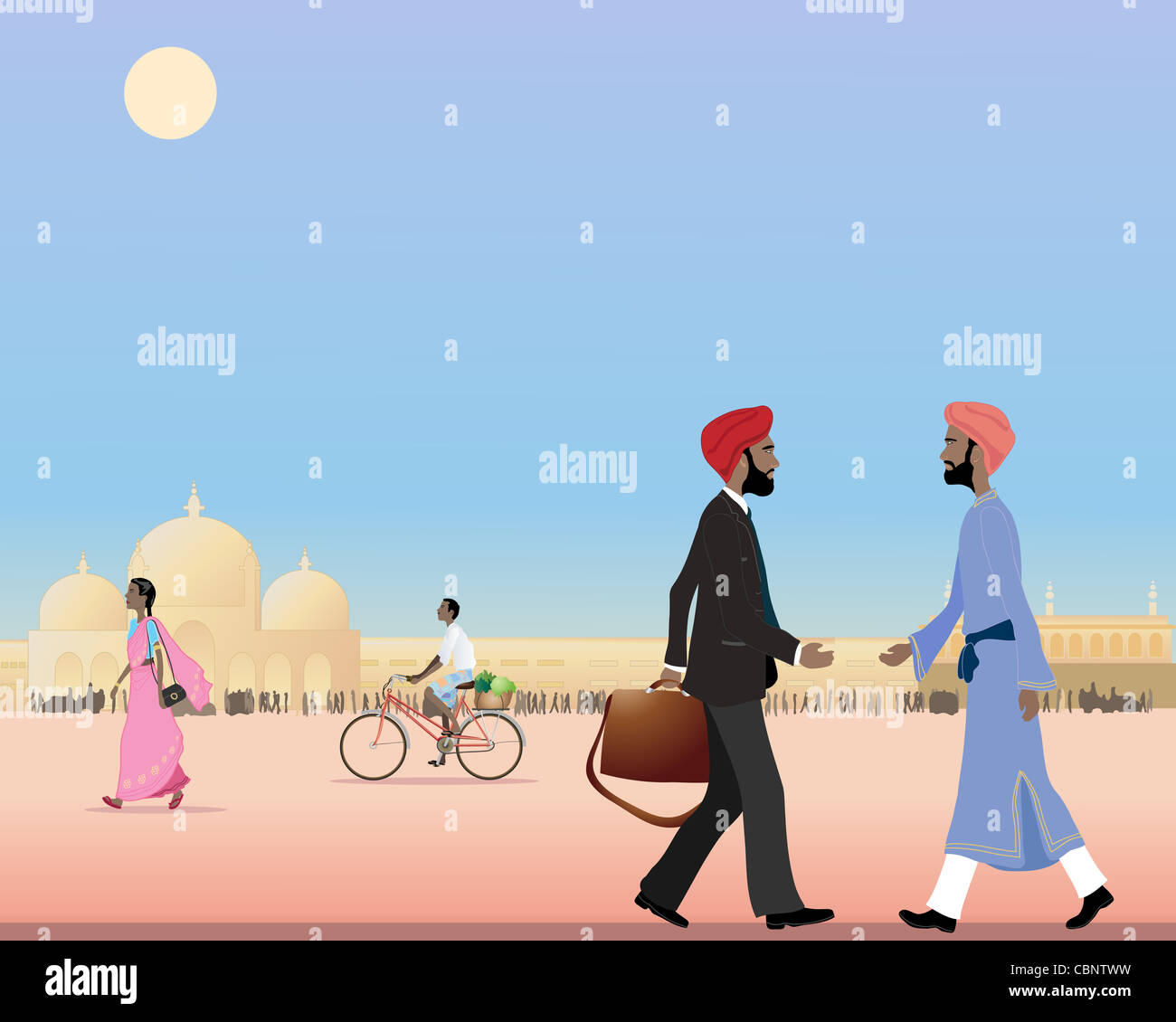 an illustration of two sikh men meeting in a busy street in india under a blue sky Stock Photo