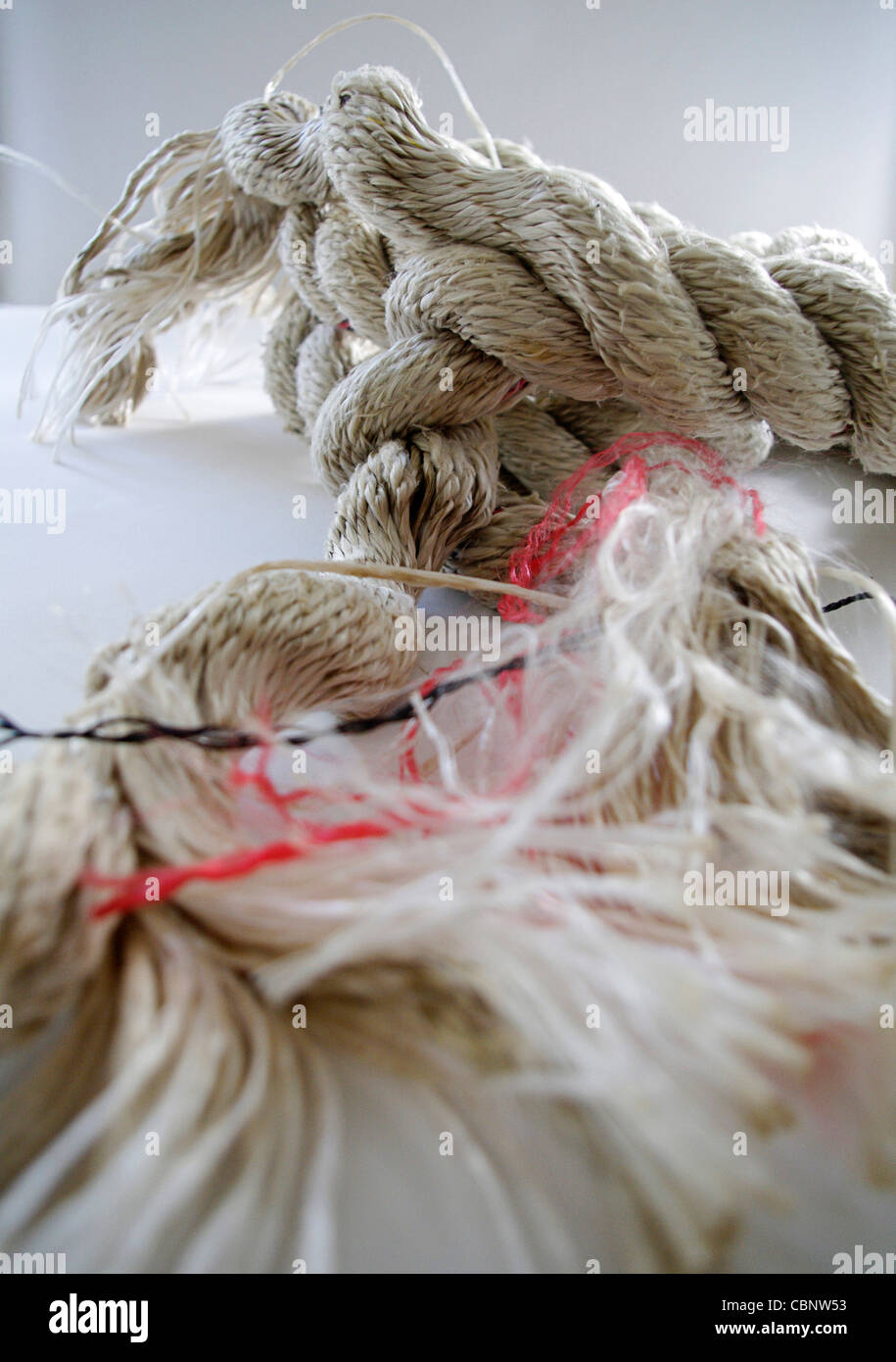 Neatly twisted multi-ply rope coming apart into a disorganized tangle of loose ends Stock Photo