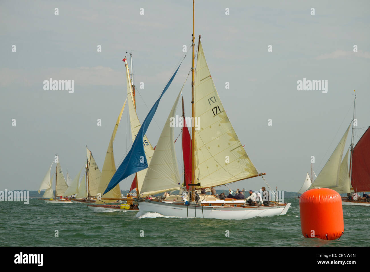 Gaff Rigged vessels racing in close proximity on the starting line at the 2011 Old Gaffers Festival, Yarmouth, Isle of Wight Stock Photo