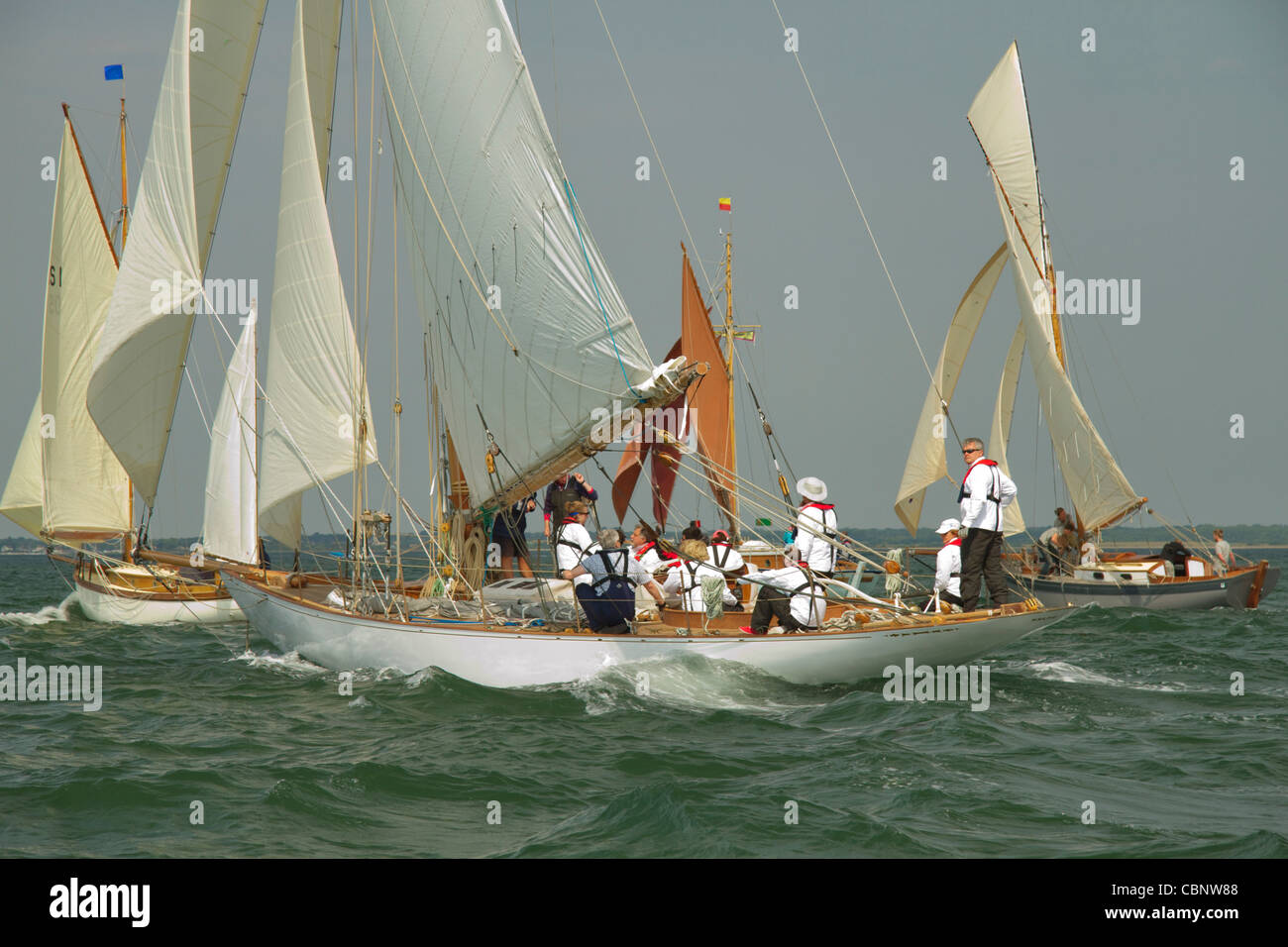 Gaff Rigged vessels racing in close proximity at the 2011 Old Gaffers Festival, Yarmouth, Isle of Wight Stock Photo