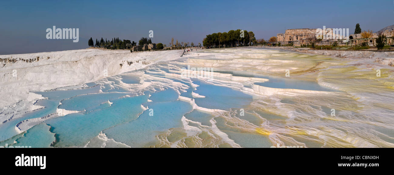 Panorama of White travertines terraces at Pamukkale,Denizli,Turkey Stock Photo