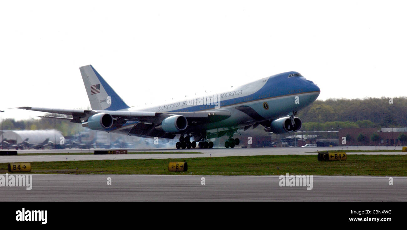 TOLEDO, Ohio -- Air Force One lands here on May 4. The mission of the VC-25 aircraft -- Air Force One -- is to provide air transport for the president of the United States. The presidential air transport fleet consists of two specially configured Boeing 747-200B's -- tail numbers 28000 and 29000 -- with the Air Force designation VC-25. When the president is aboard either aircraft, or any Air Force aircraft, the radio call sign is 'Air Force One.' Stock Photo