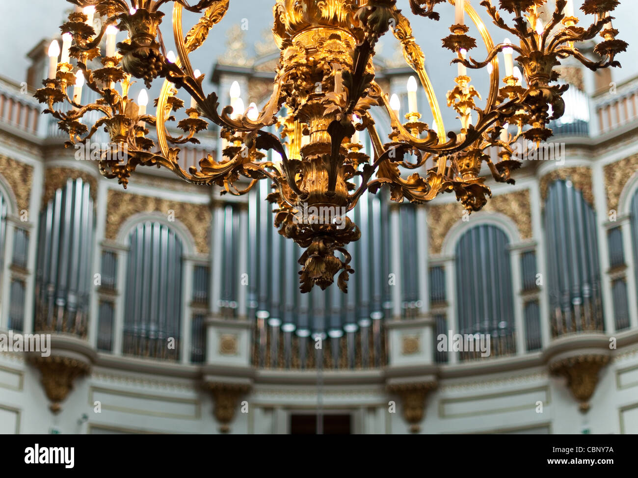 beautiful organ with lamp in foreground in Helsinki cathedral, Finland (focus on lamp) Stock Photo