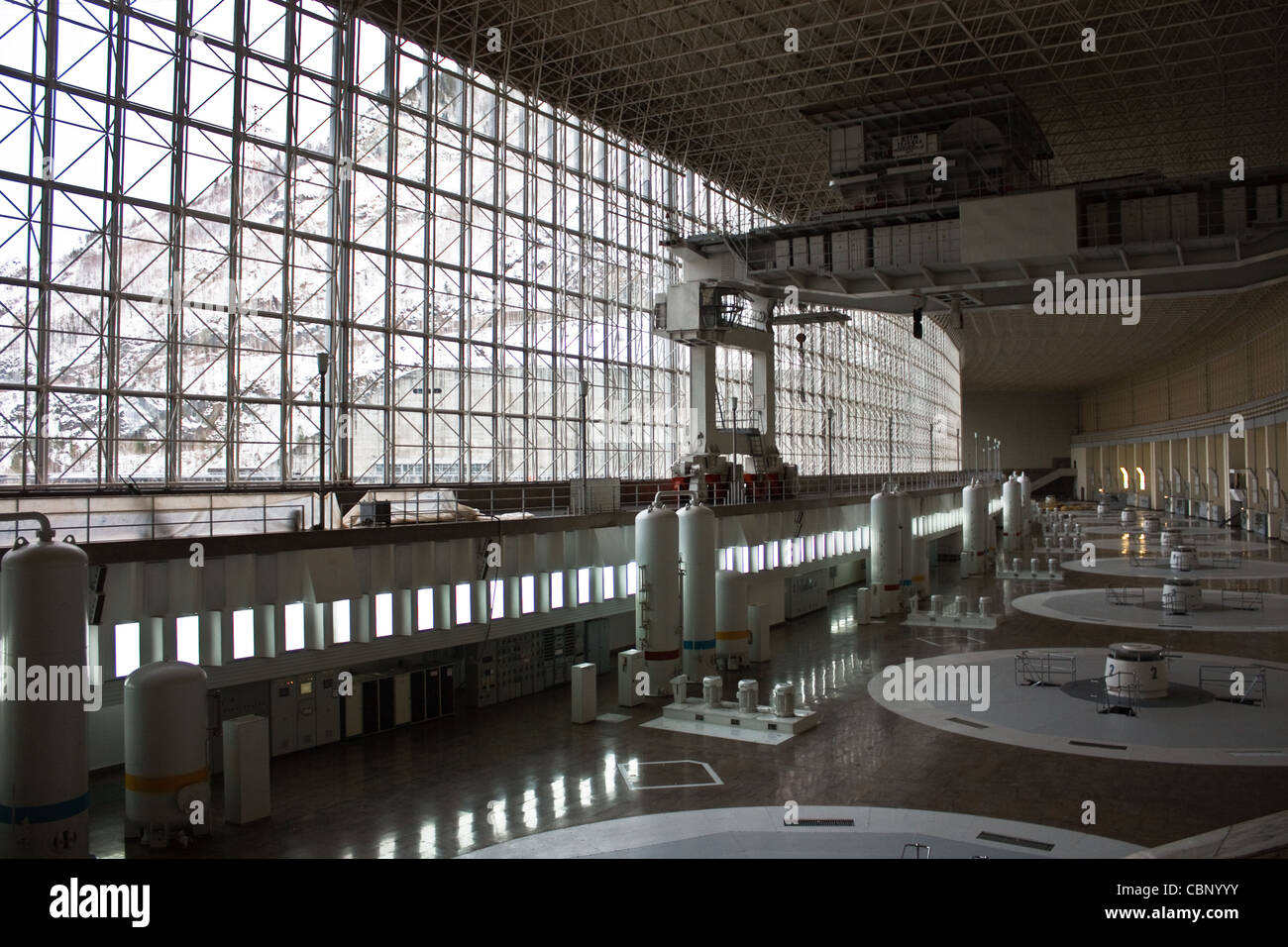 russian hydro power plant machine hall interior Stock Photo