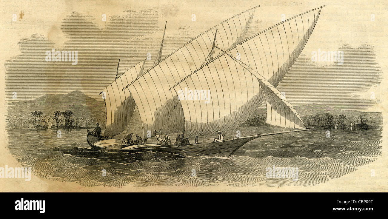 1854 engraving, Pleasure Boat of the Rajah of Johore, Malaysia. Stock Photo