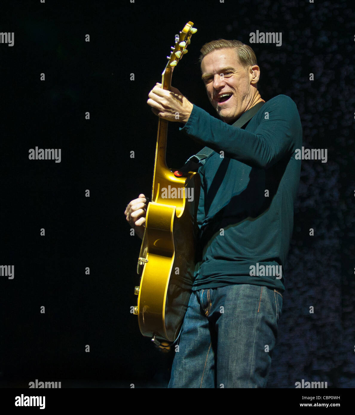 Bryan Adams performing at the Cardiff Motorpoint Arena during his Waking Up The Neighbors Tour. Stock Photo