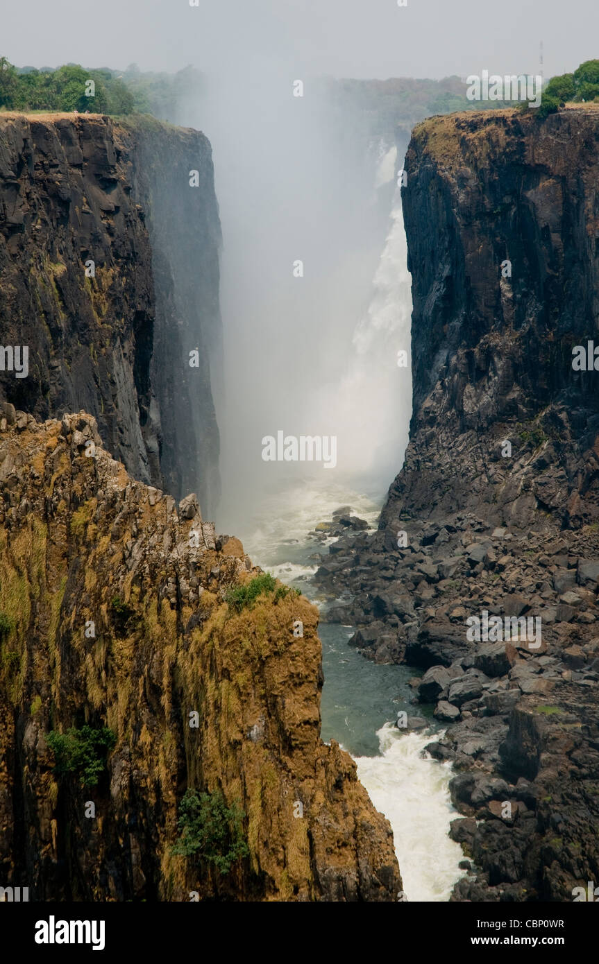 Africa Zambia-Victoria Falls from Zambia side-Zimbabwe is on the left side. Zambezi River is below Stock Photo