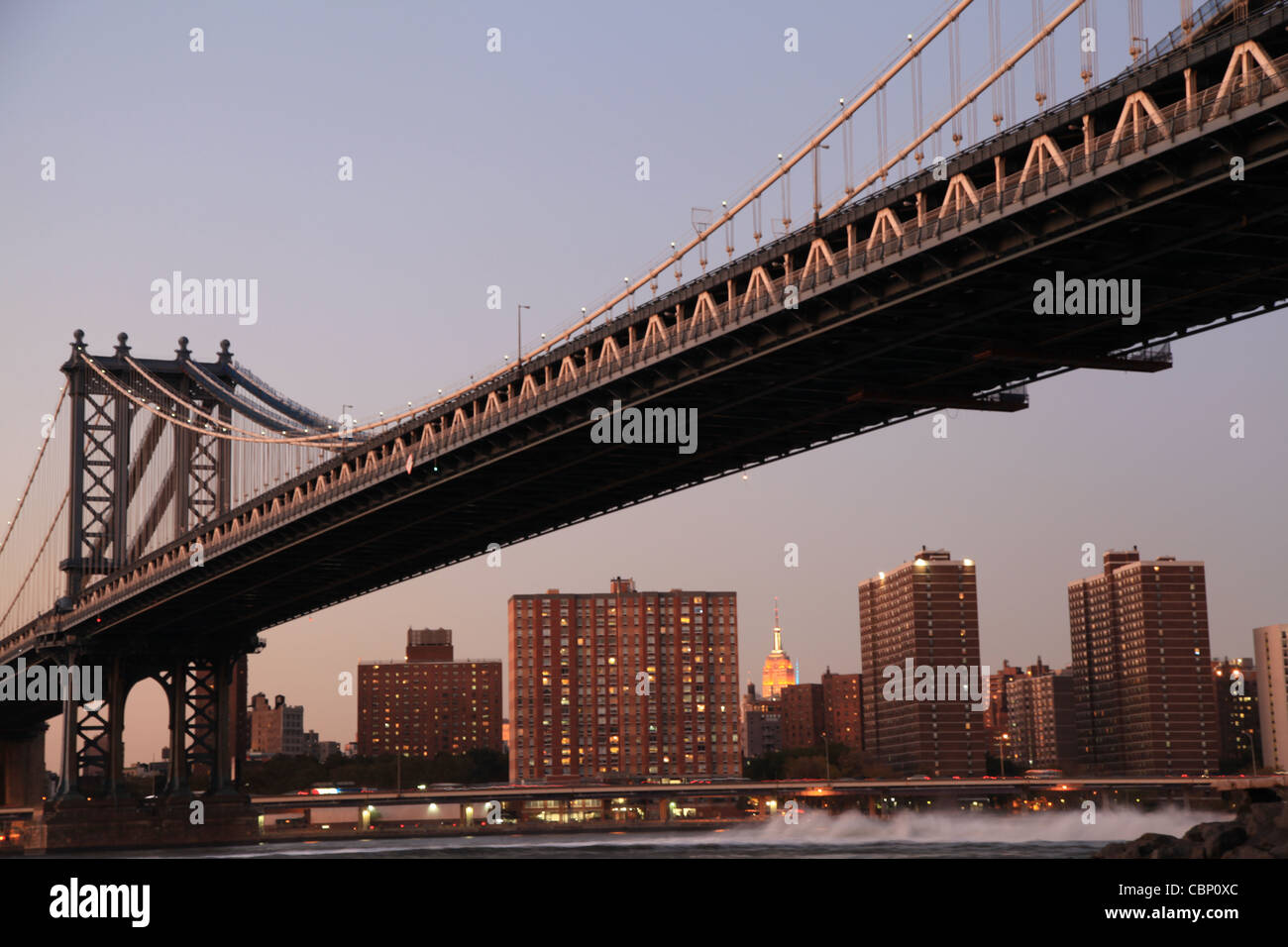 USA, New York, Brooklyn Bridge at sunset Stock Photo