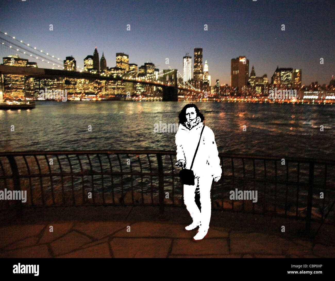 USA New York City - Brooklyn Bridge at Night with special model in b/w Stock Photo