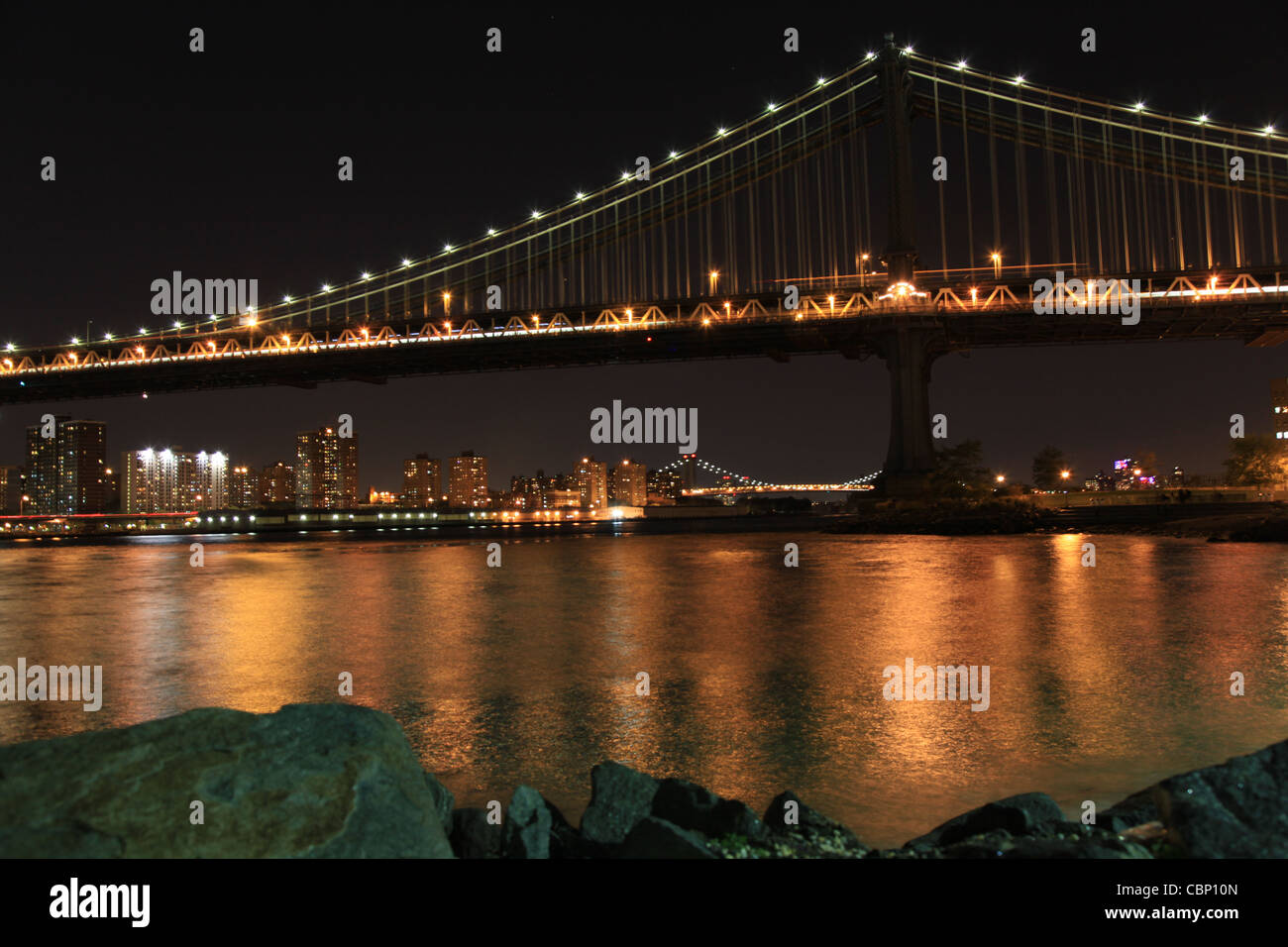 USA New York City - Brooklyn Bridge at Night Stock Photo