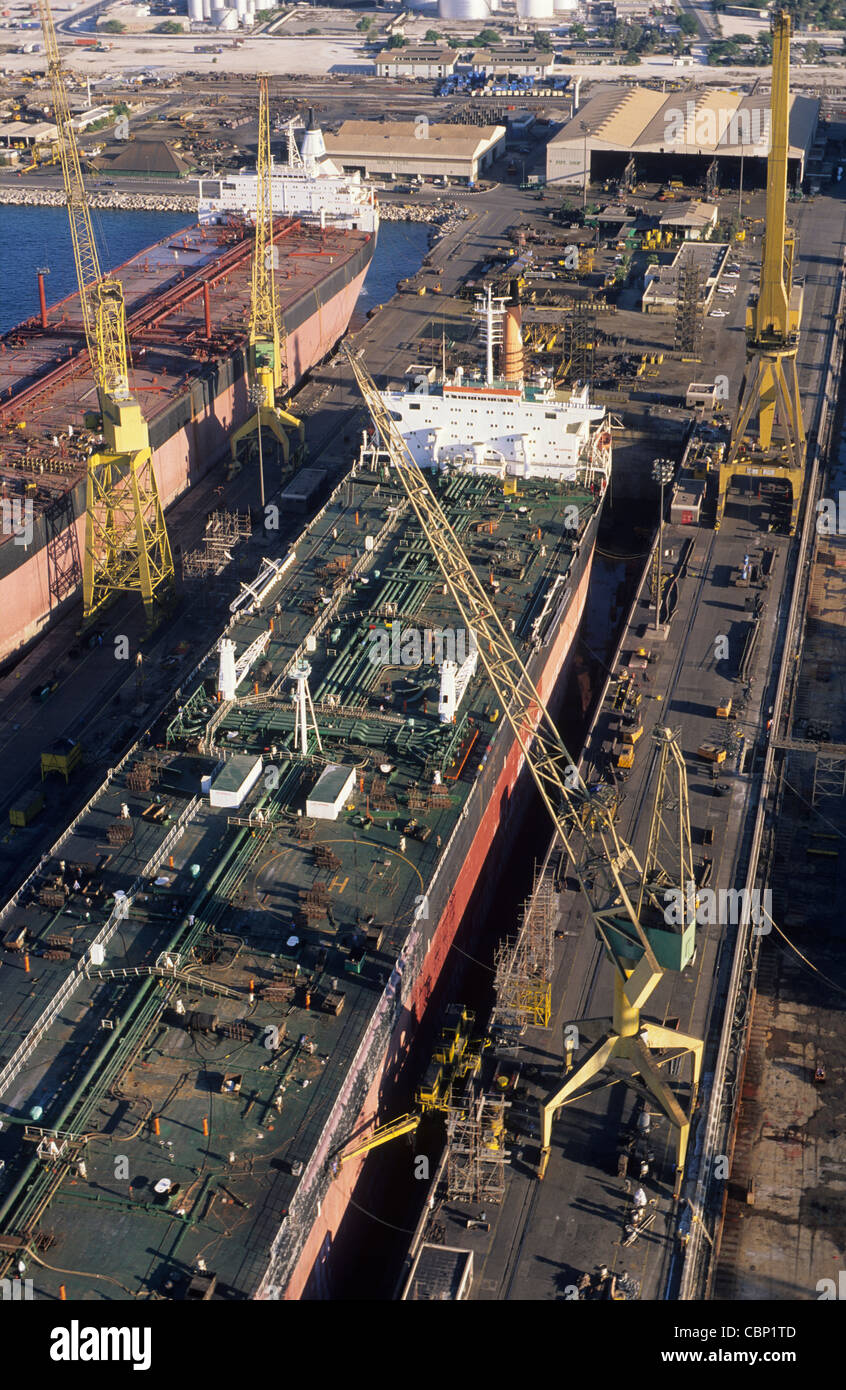 UAE,  Middle east, Dubai, Aerial view of the dry-docking facility, one of the largest dry-docks in the world. Stock Photo