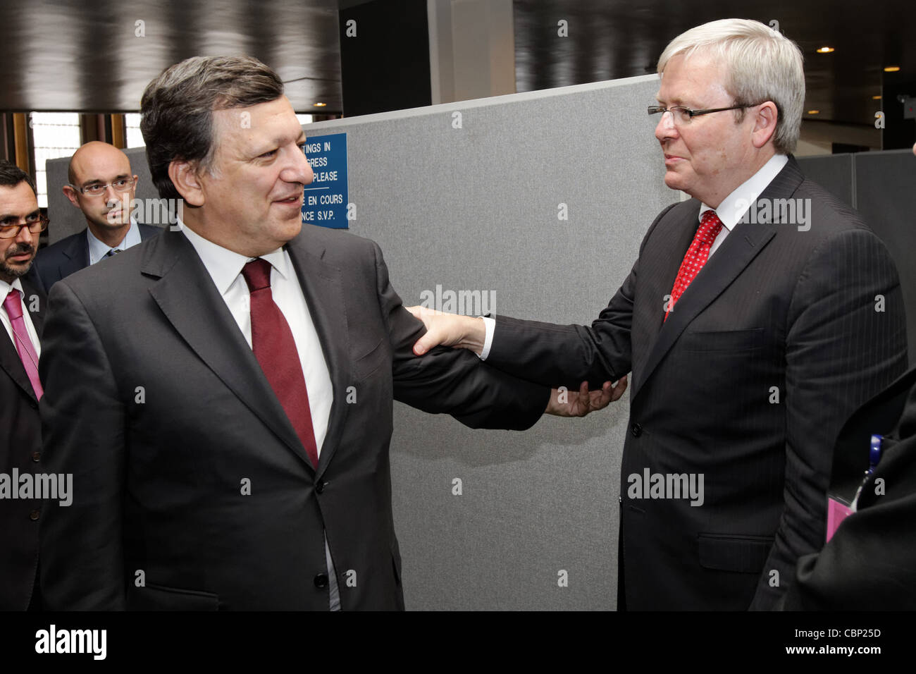 Australian Foreign Minister Kevin Rudd briefly meets with European Commision President Jose Manuel Barroso at UN Headquarters in Stock Photo