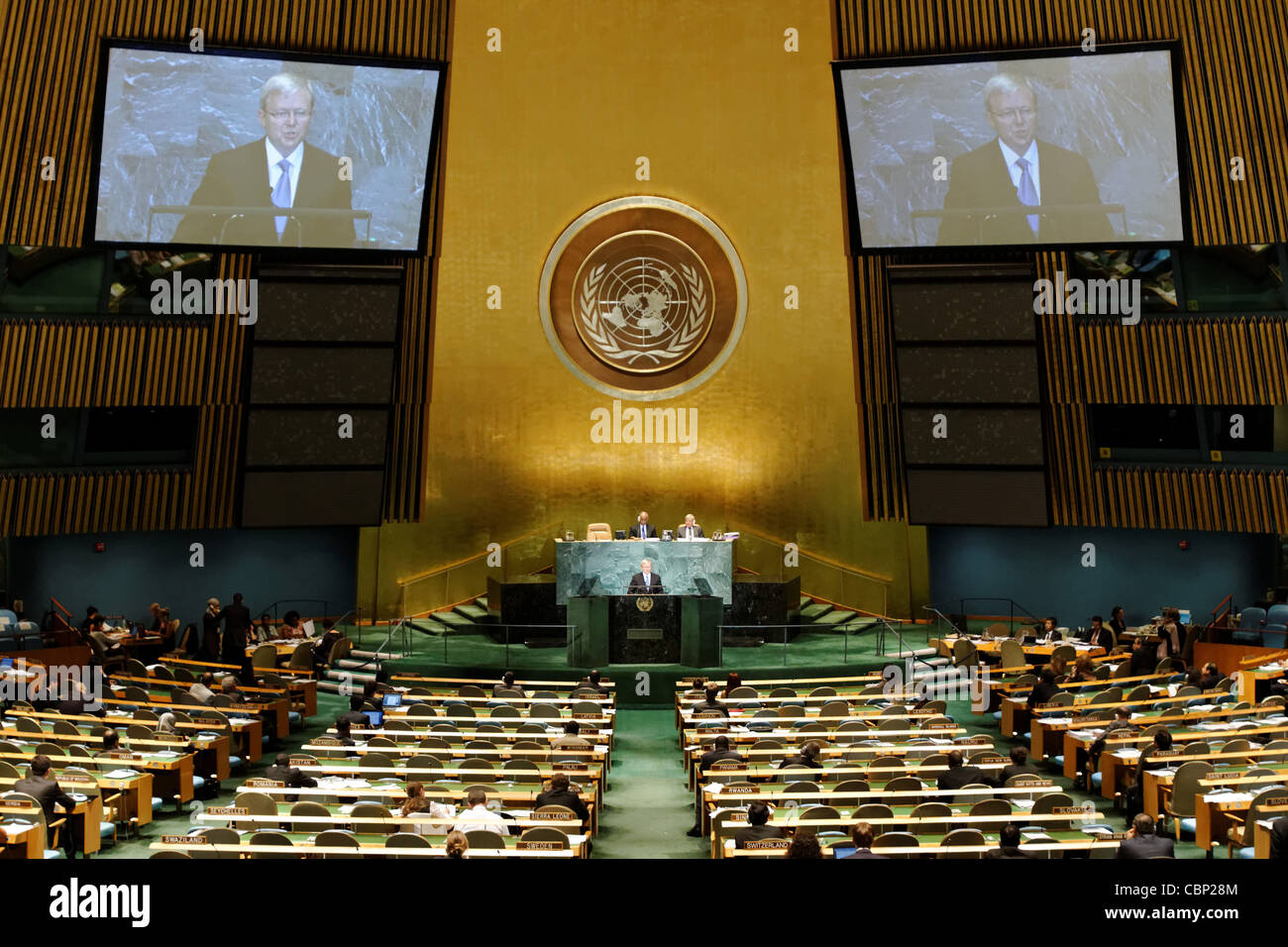 Australian Foreign Minister and former Prime Minister Kevin Rudd makes a speech during the 2010 United Nations General Assembly Stock Photo