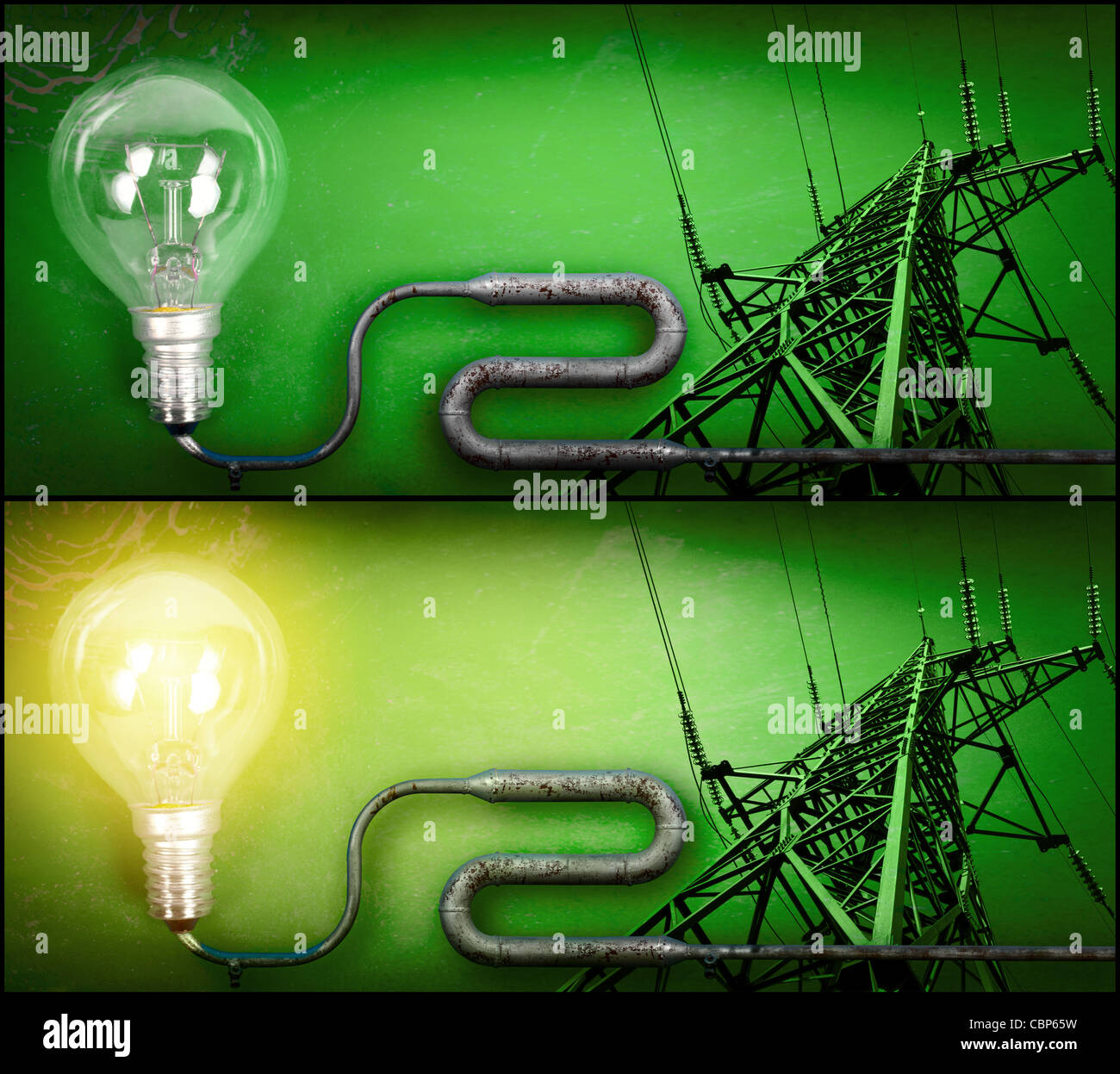 Electricity concept over green background. Turned on and off light bulb ...