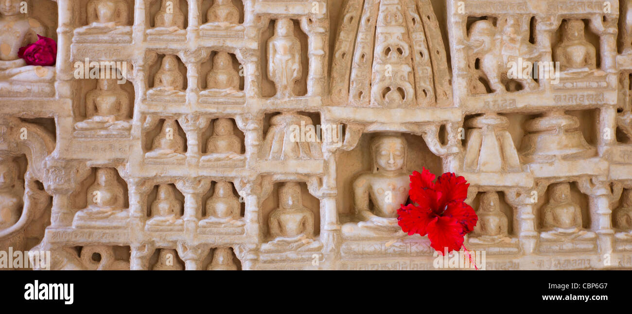 White marble religious icon carvings at The Ranakpur Jain Temple at ...