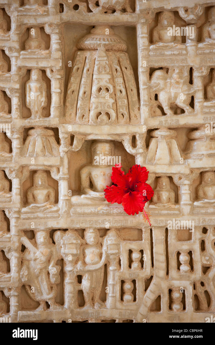 White marble religious icon carvings at The Ranakpur Jain Temple at ...