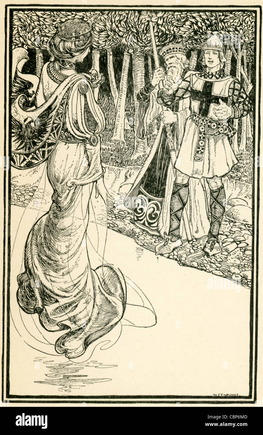 Arthur sees the mysterious Lady of the Lake, who gives him his sword Excalibur. Accompanying Arthur is the wizard Merlin. Stock Photo