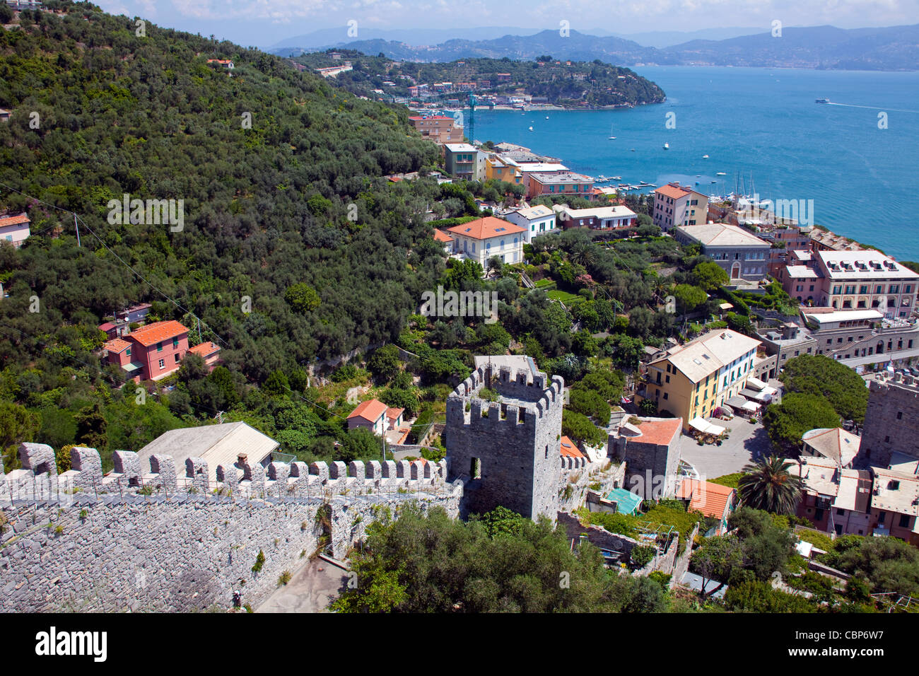 View from fortress wall to the bay of Porto Venere, province La Spezia, Liguria di Levante, Italy, Mediterranean sea, Europe Stock Photo