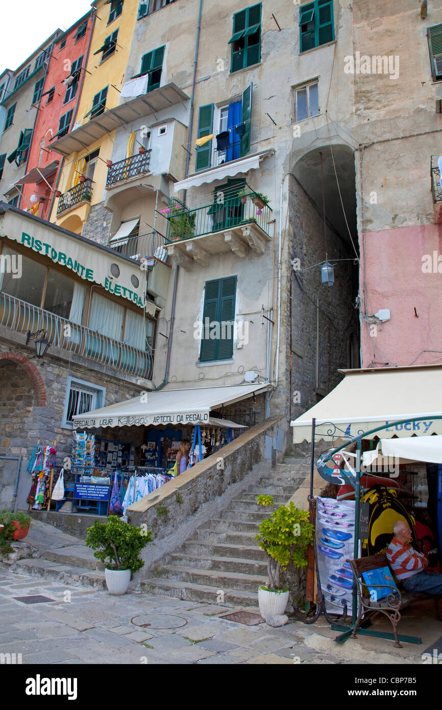 Staircase of a typical ligurian house, souvenir shops, fishing village