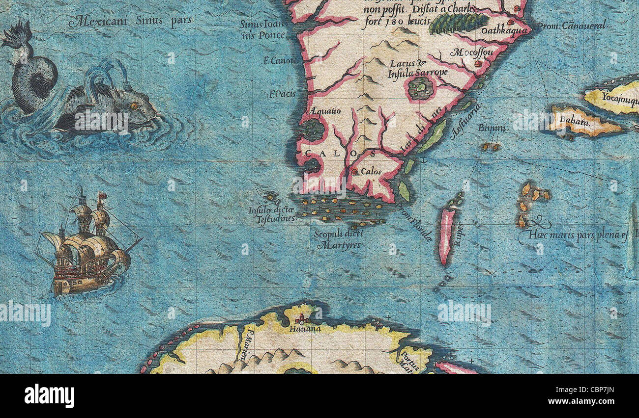 1591 De Bry and Le Moyne Map of Florida and Cuba Stock Photo