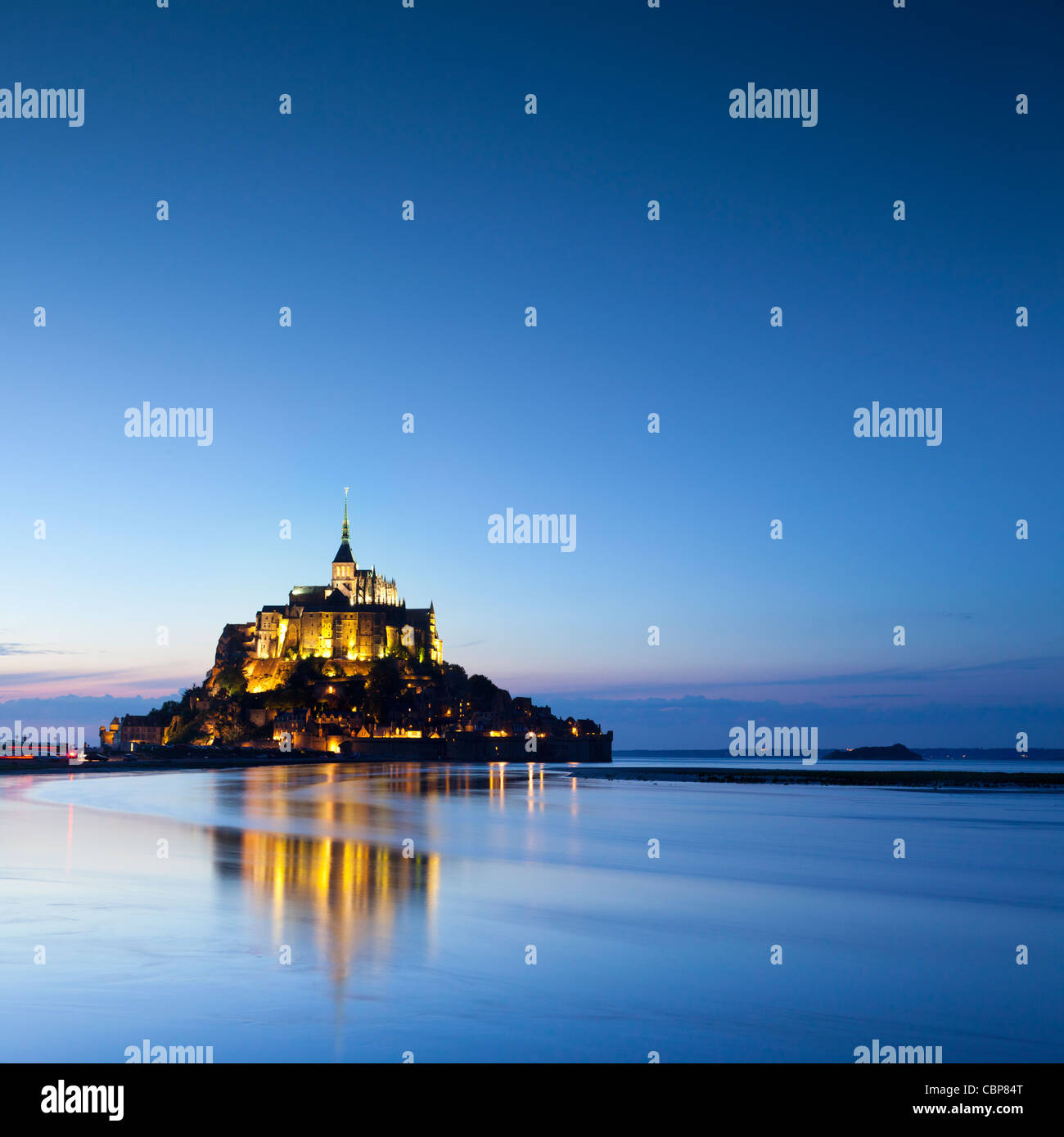 Mont St Michel, Normandy, France, illuminated at twilight. Stock Photo