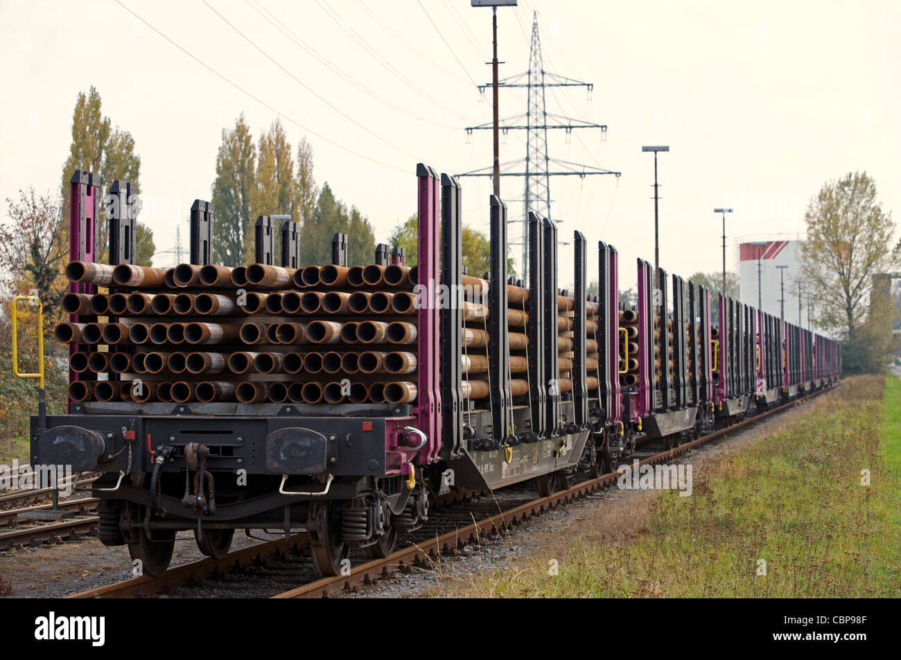 Flatbed railway wagons made by Transwagon in Bulgaria and used by German Railways Stock Photo