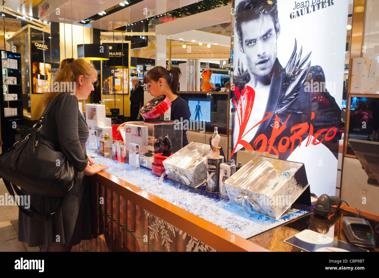 Paris, France, "Jean Paul Gaultier" Perfume Counter, inside Galeries  Lafayette Department Store, French Woman, Christmas Shopping, commercial  ad, perfume store Stock Photo - Alamy