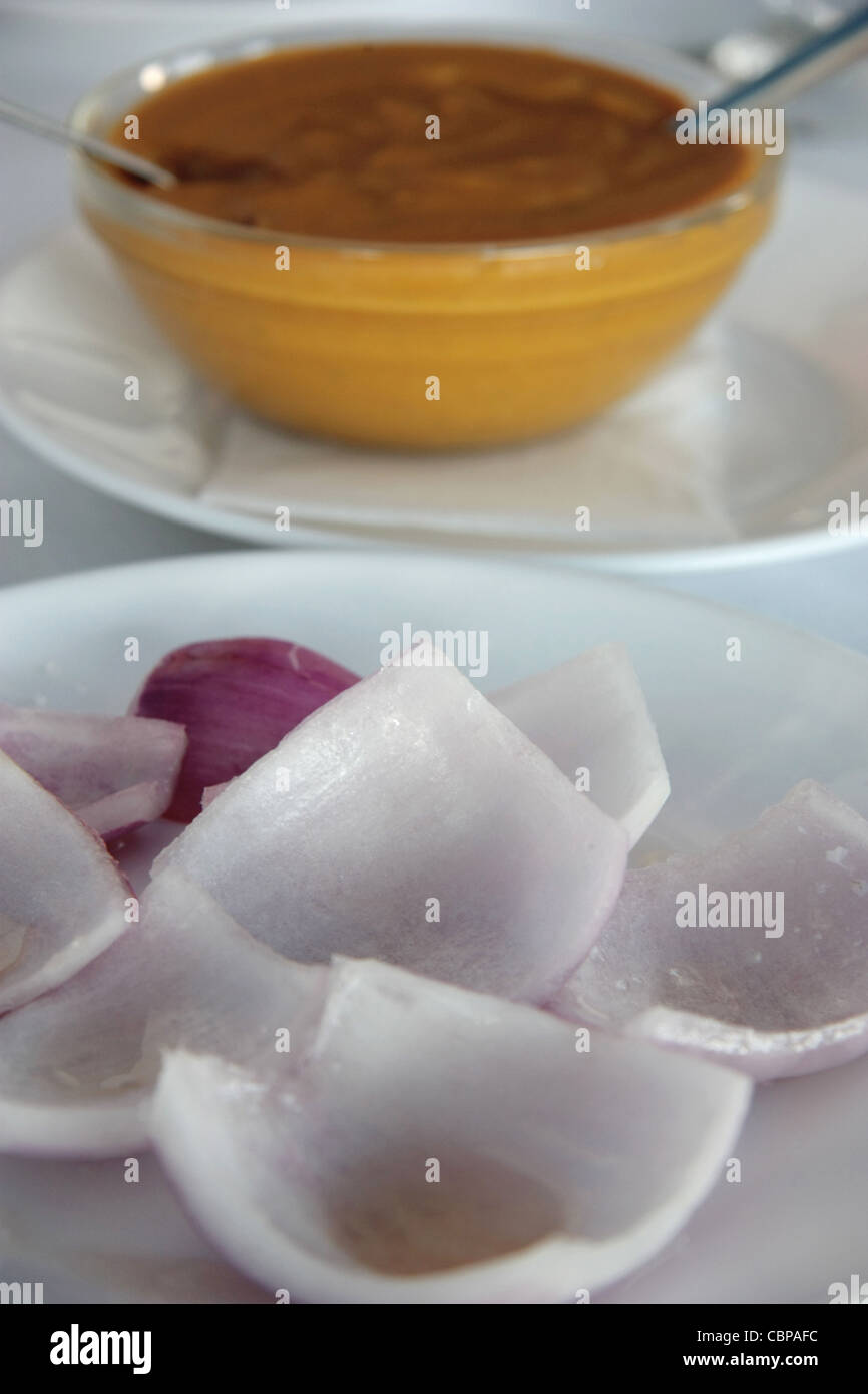 Gofio escaldado and onions. Typical food from the Canary Islands. Stock Photo