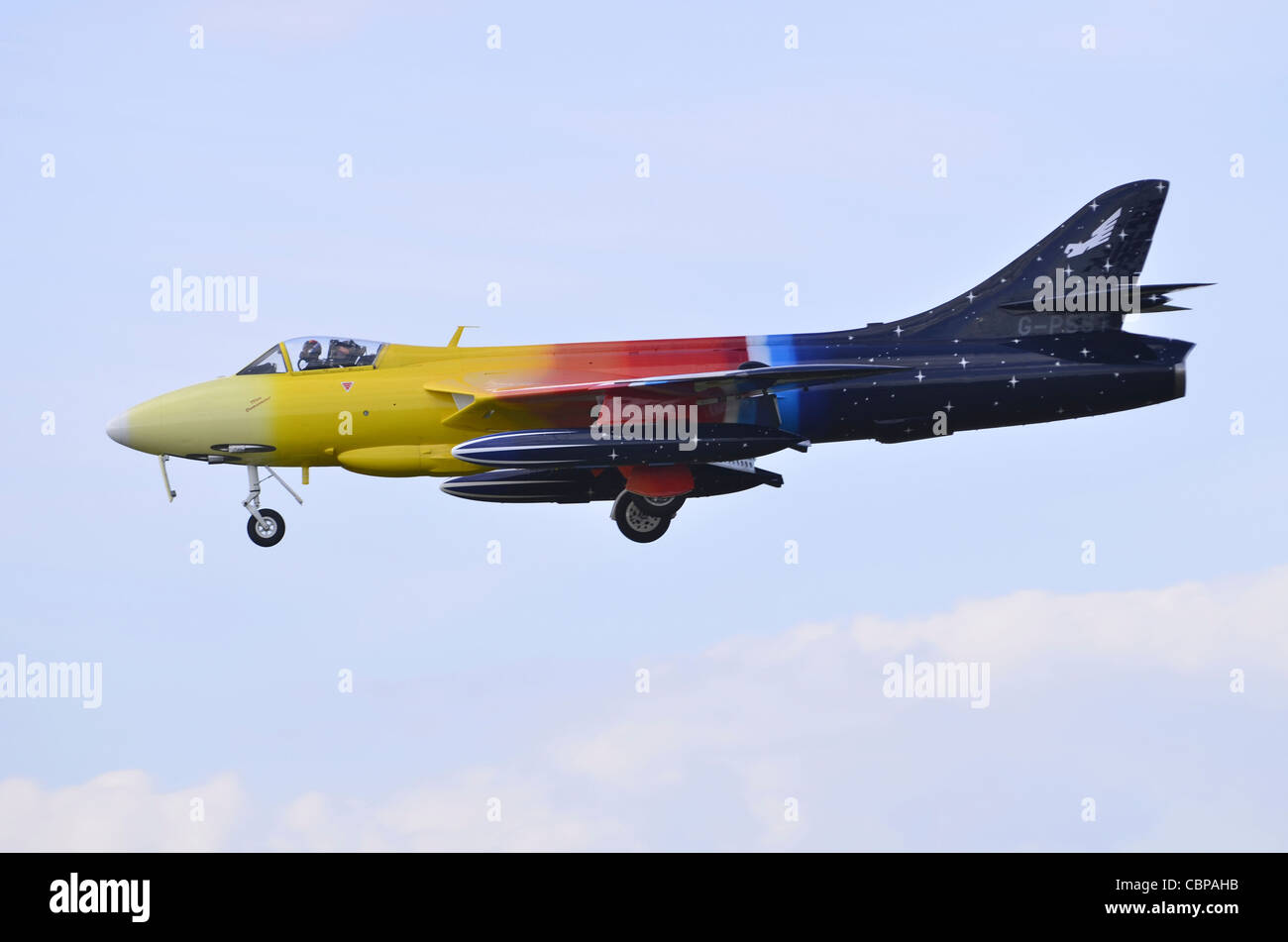 Hawker Hunter F58 on approach for landing at RAF Fairford, UK Stock Photo