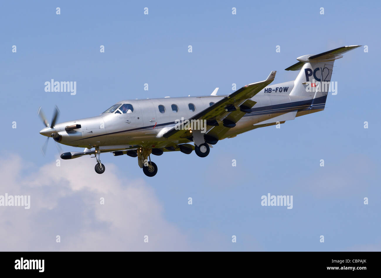 Pilatus PC-12 on approach for landing at RAF Fairford, UK Stock Photo