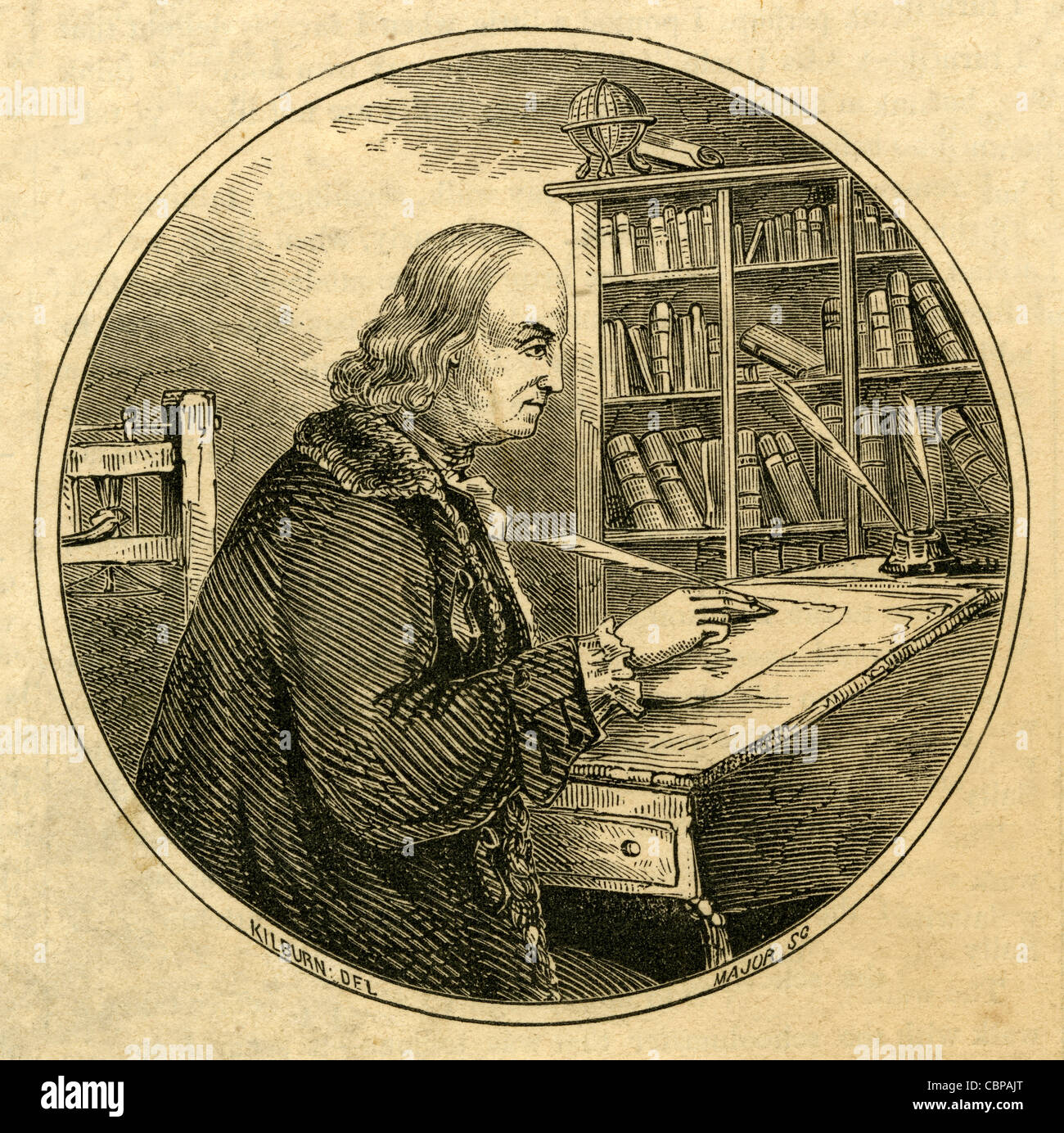 1854 engraving, Benjamin Franklin at his writing desk. Stock Photo